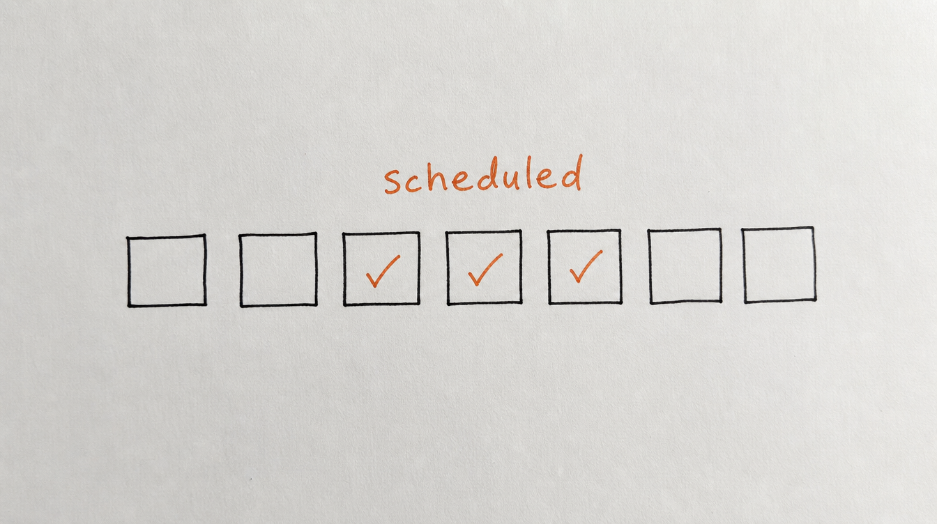 Hand-drawn diagram on paper of a week of calendar boxes with scheduled days checked off, representing a Skool post scheduling calendar