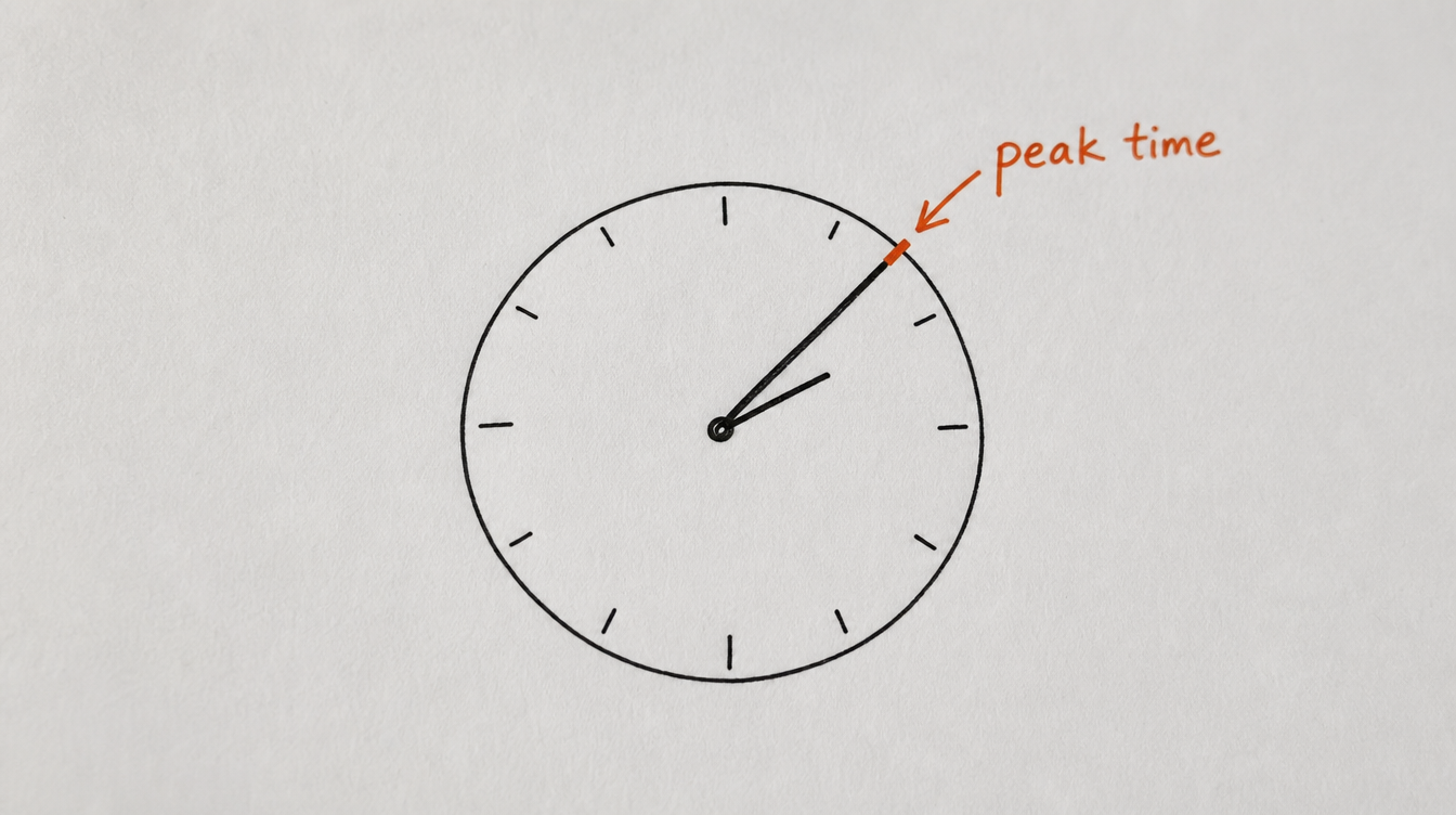 Hand-drawn diagram on paper of a clock highlighting peak posting time for a Skool community
