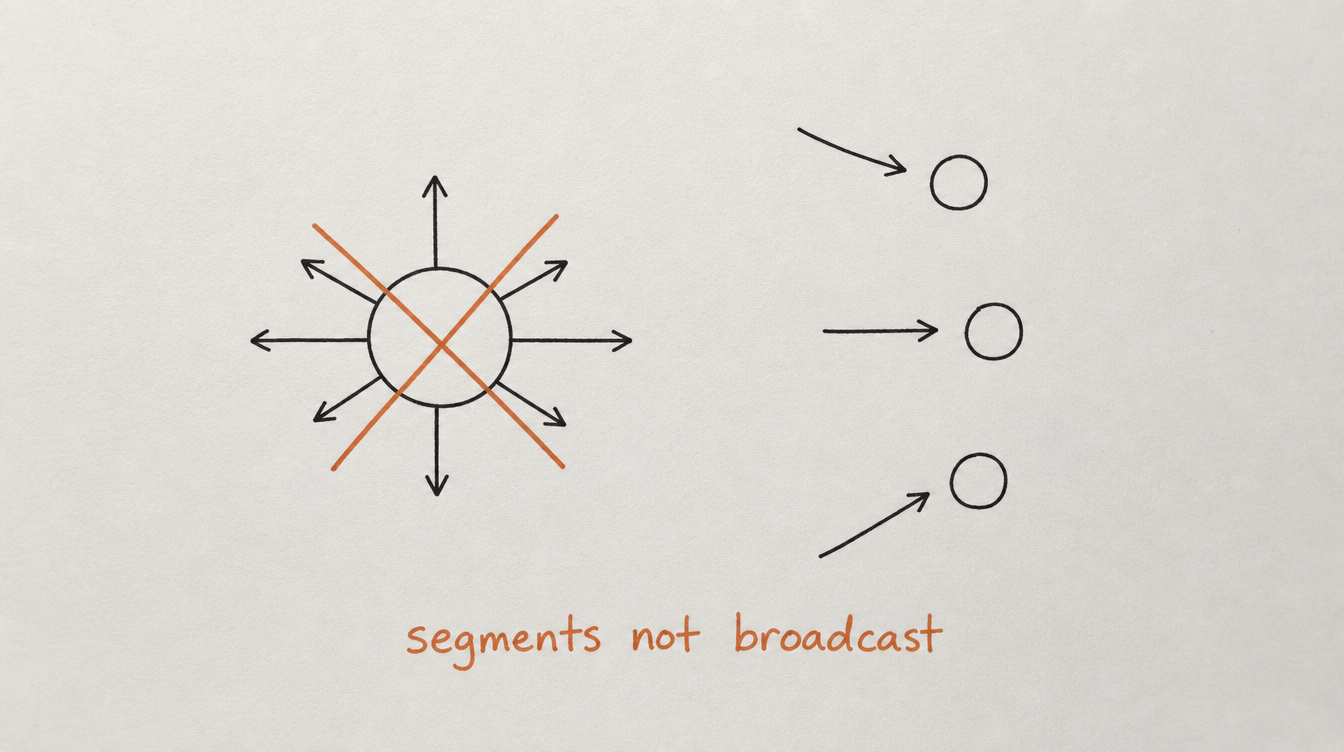 Hand-drawn diagram on paper contrasting a broadcast message with targeted segment messages for a Skool community