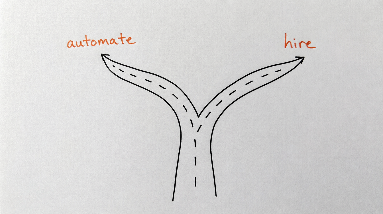 Hand-drawn fork-in-the-road diagram on paper showing the choice between automating and hiring help for a Skool community