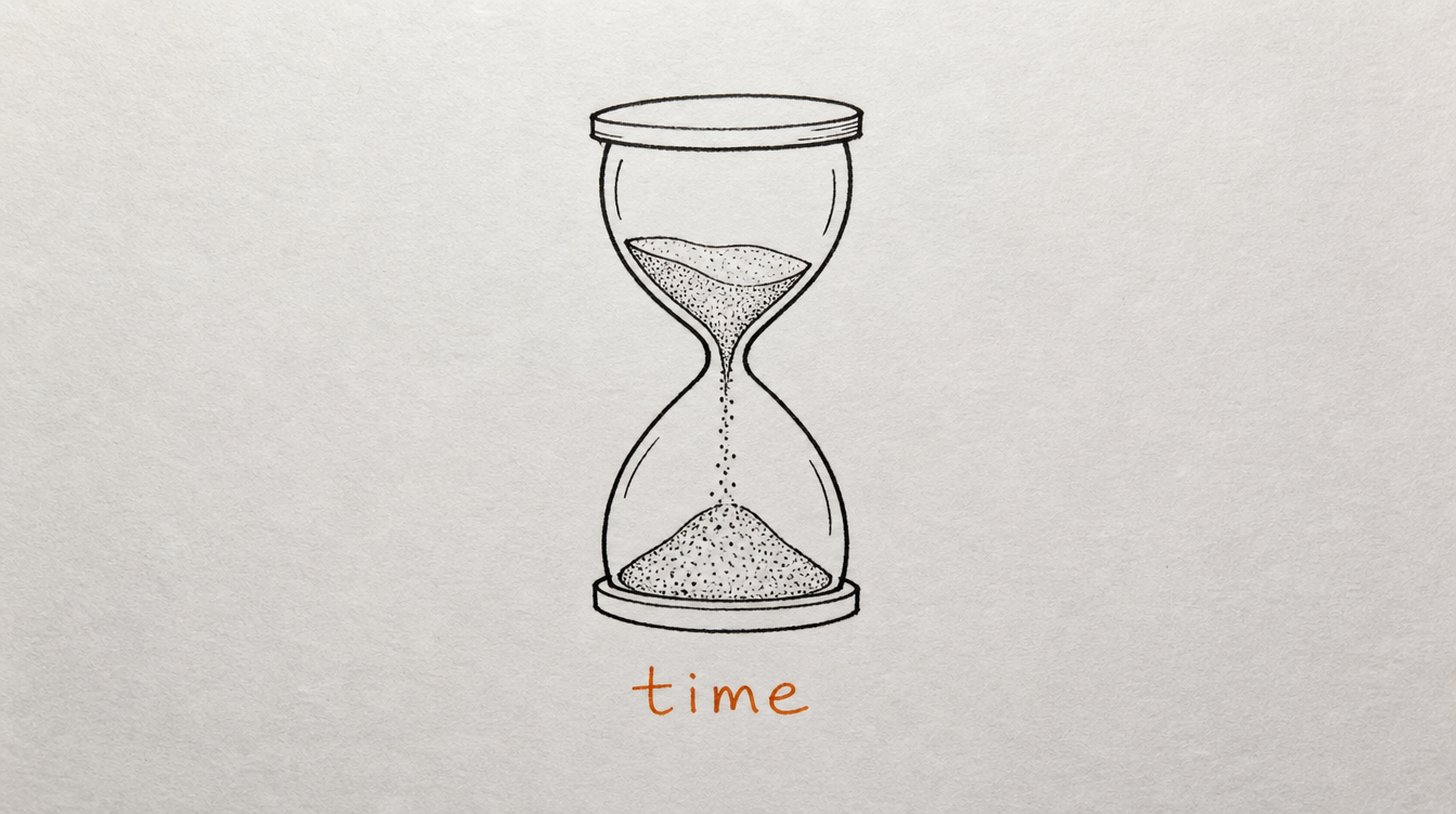 Hand-drawn hourglass diagram on paper representing the real time cost of managing a Skool community