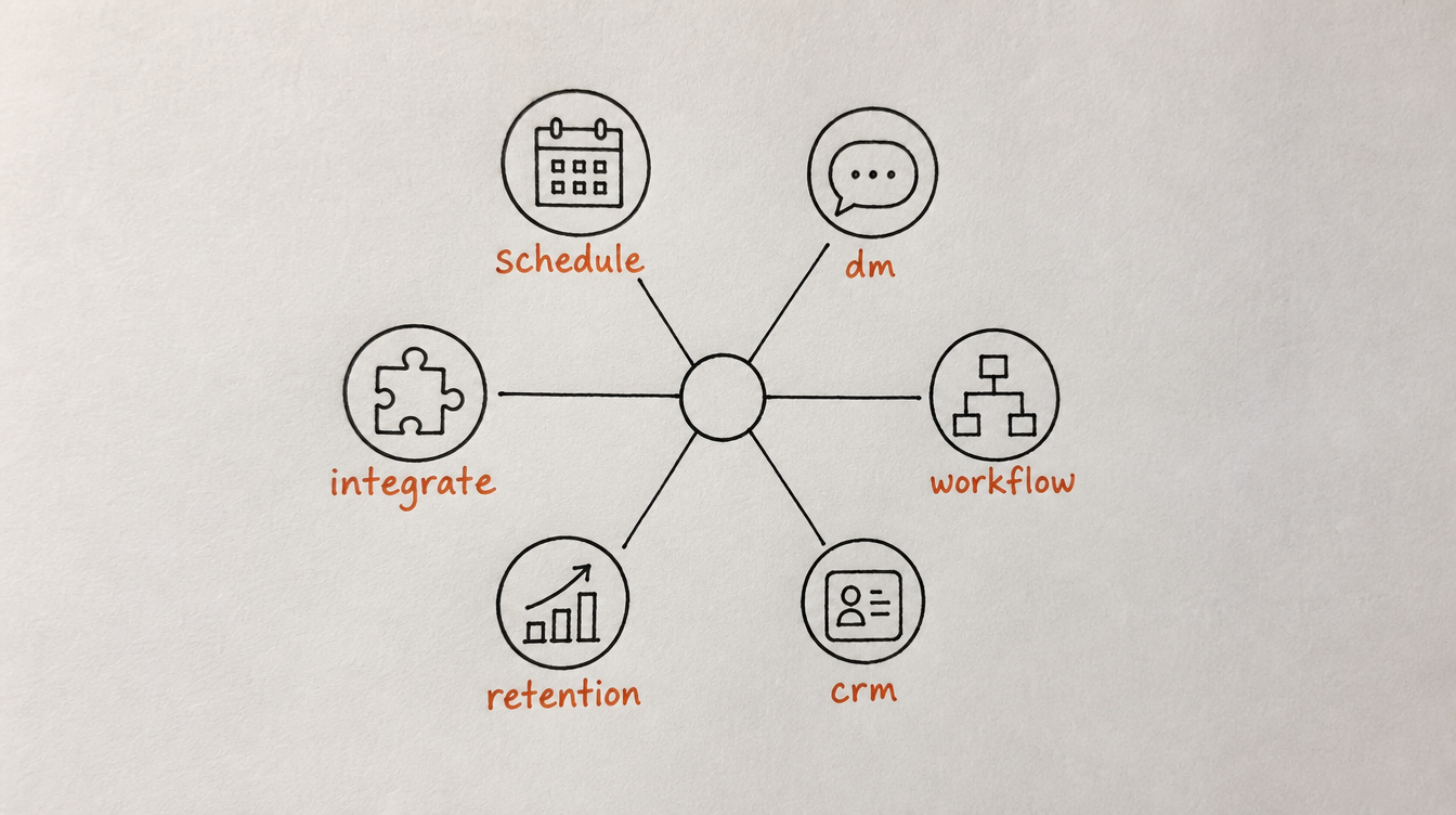Hand-drawn hub diagram on paper of the six Skool automation categories: scheduling, DMs, workflows, CRM, retention, and integrations