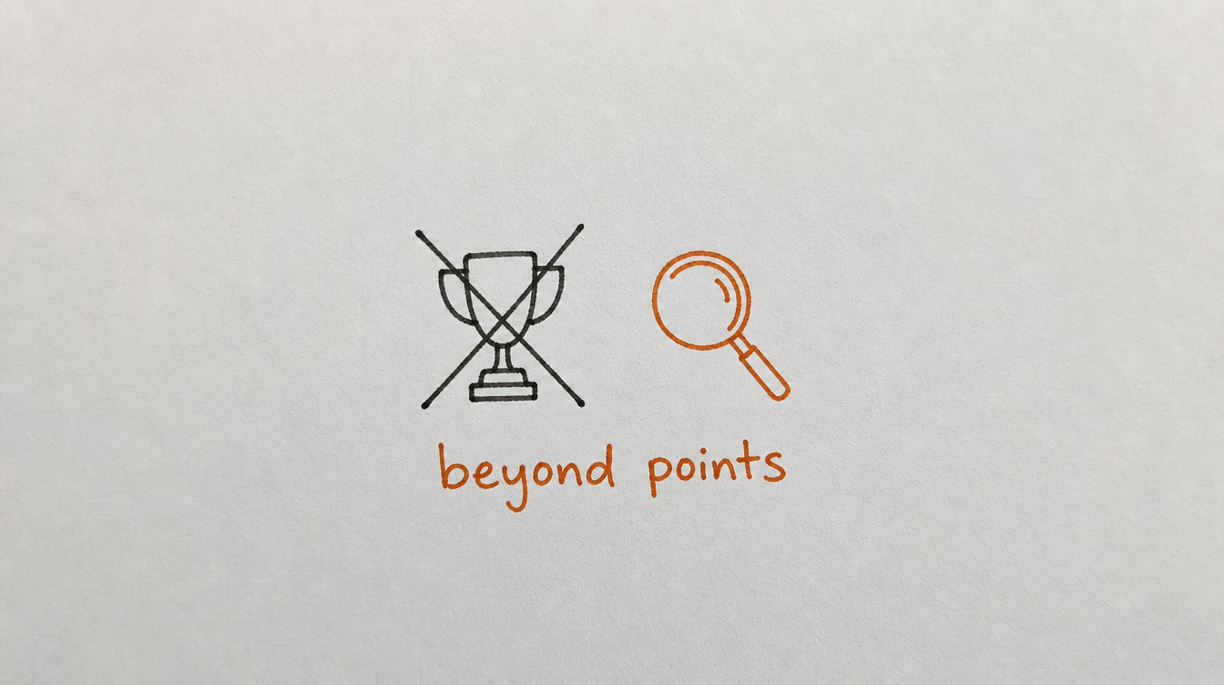 Hand-drawn diagram on paper of a crossed-out trophy and a magnifying glass, representing tracking Skool members beyond leaderboard points