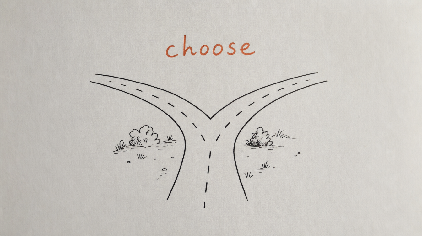 Hand-drawn fork-in-the-road diagram on paper representing choosing between Skool and Circle for automation