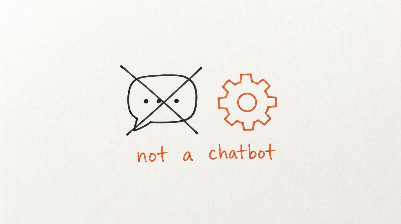 Hand-drawn diagram on paper of a crossed-out chat bubble and a gear, representing that Skool MCP is not just a chatbot