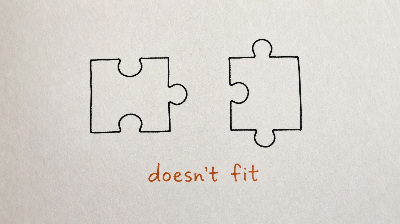 Hand-drawn diagram on paper of two mismatched puzzle pieces representing why Zapier doesn't fit Skool scheduling