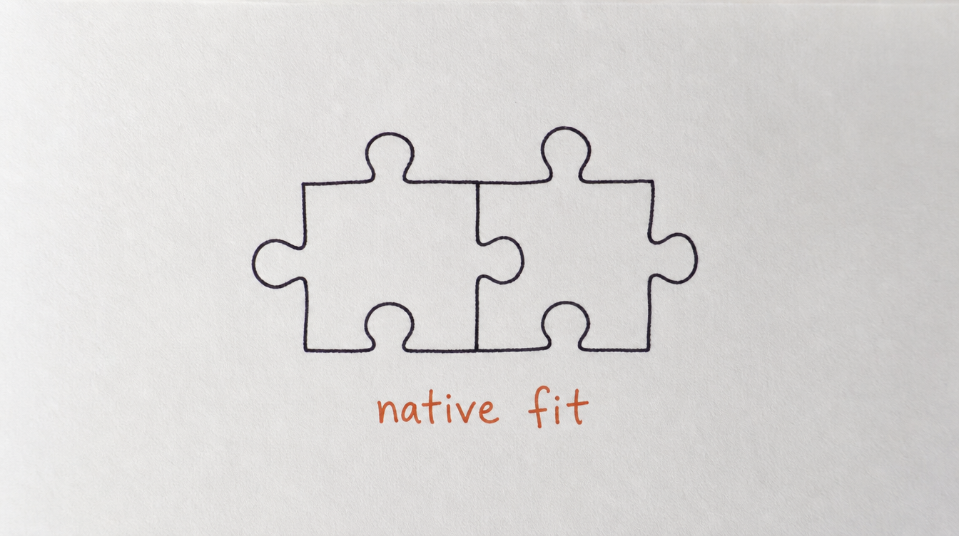 Hand-drawn diagram on paper of two puzzle pieces fitting perfectly, representing native Skool integration