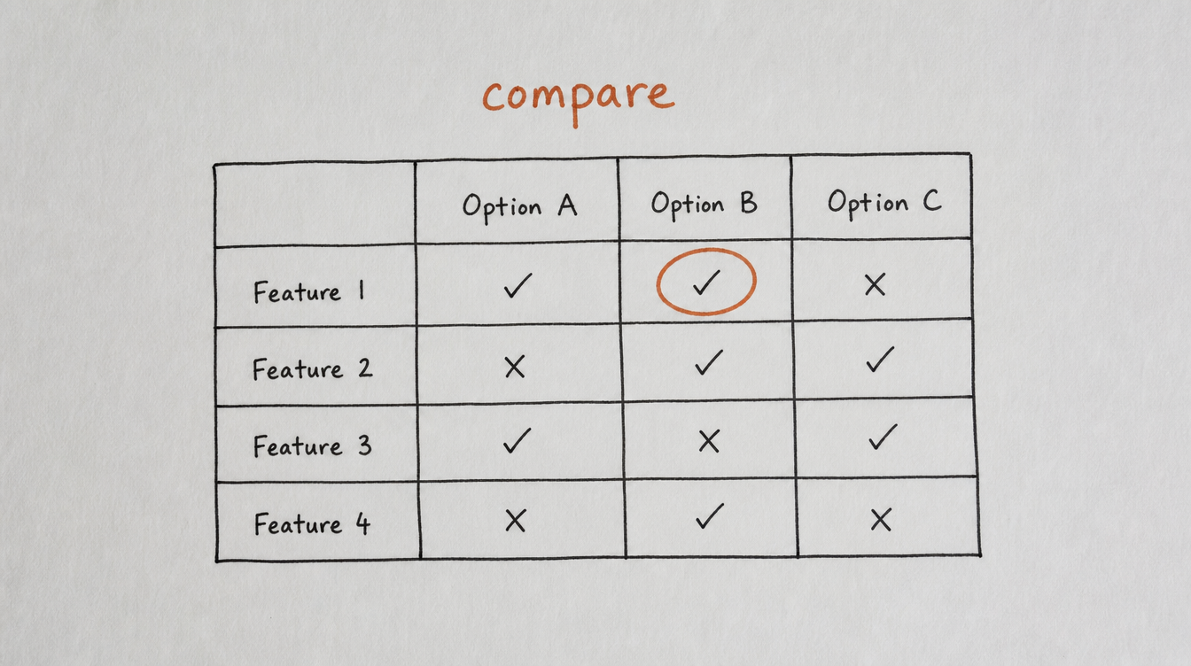 Hand-drawn comparison grid diagram on paper for evaluating Zapier alternatives for Skool